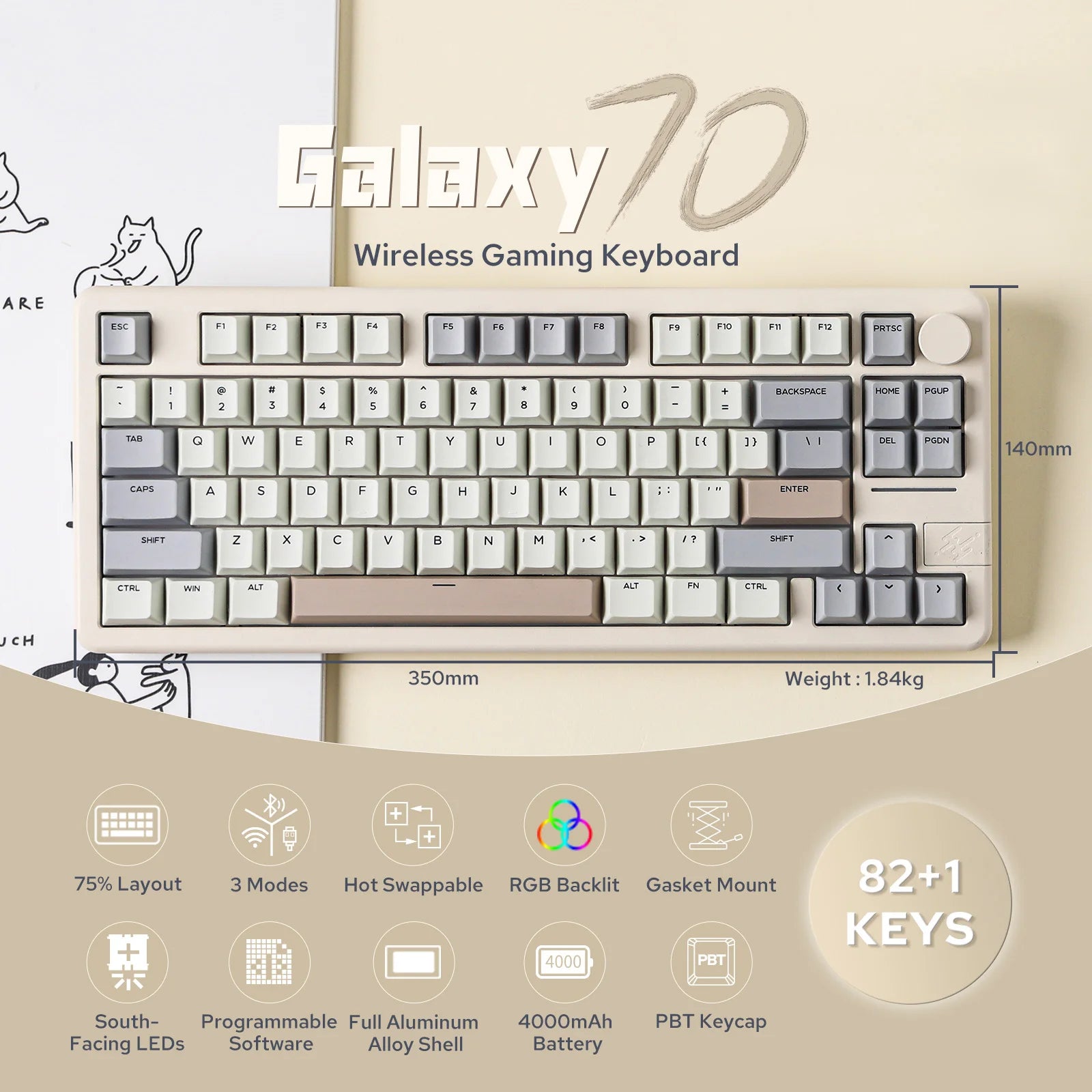 EPOMAKER Galaxy 70 75% Layout Aluminum Gasket-mounted Wired/Bluetooth/2.4G Wireless Mechanical Keyboard