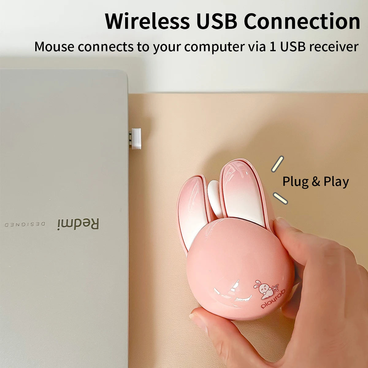 MOFii M6AG Pink Cute Bunny Wireless Mouse, Kawaii High-Design, 2.4G Plug & Play, Compatible with Office Laptops & Desktops