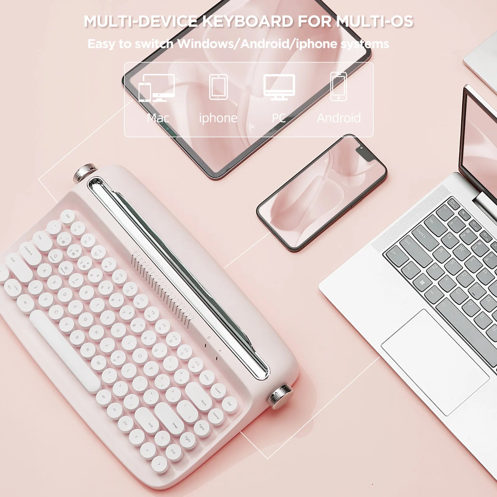 YUNZII B303 Pink Wireless Typewriter Keyboard, Retro Bluetooth Aesthetic Membrane Keyboard with Adjusted Stand for Multi-Device