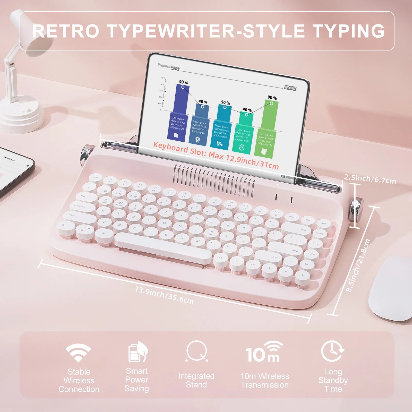YUNZII B303 Pink Wireless Typewriter Keyboard, Retro Bluetooth Aesthetic Membrane Keyboard with Adjusted Stand for Multi-Device