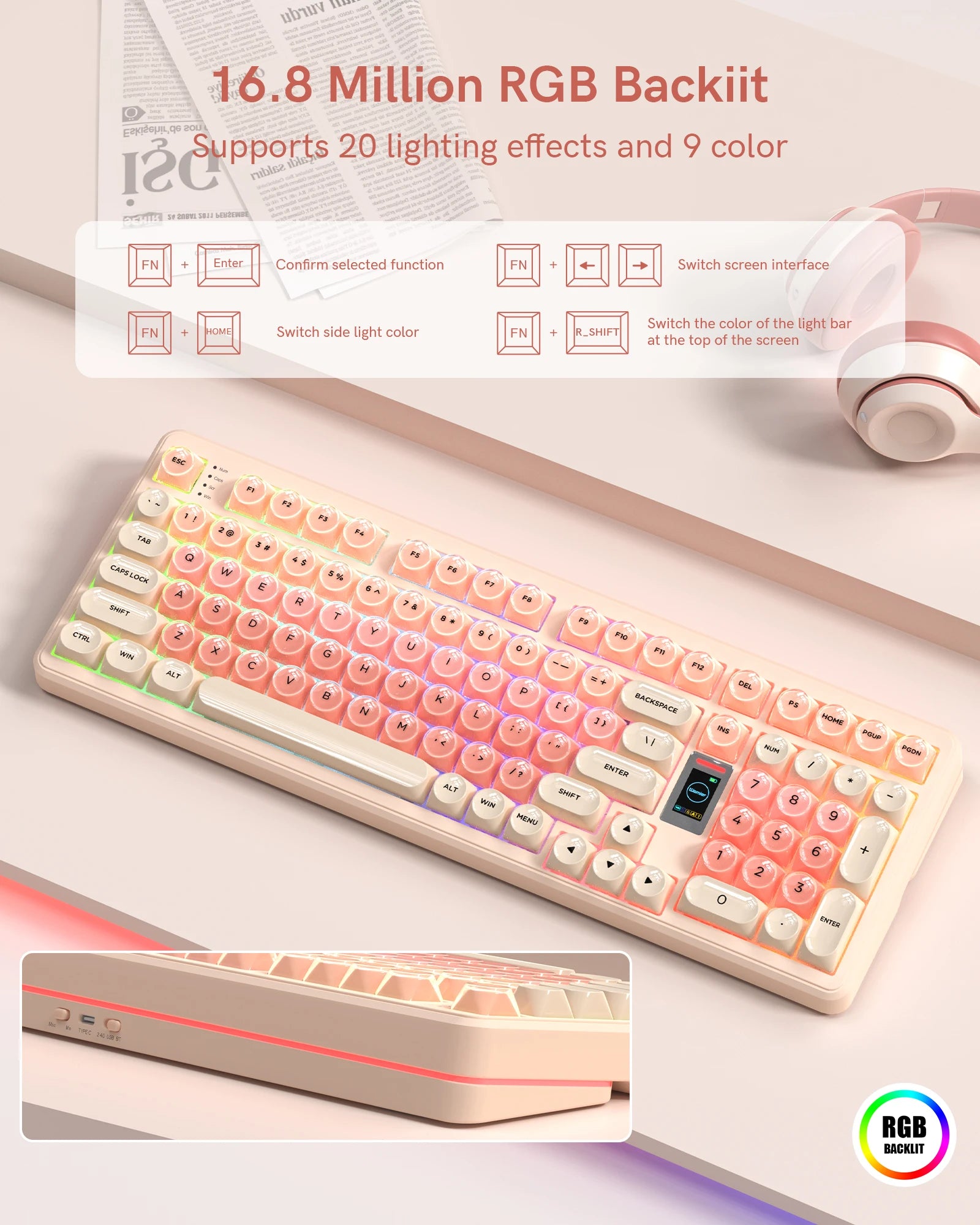 WK98 98% Pink Foundation Keyboard Gaming Mechanical Keyboard 3 Mode with Multimedia Screen RGB Backlit for Win/Mac,Pink