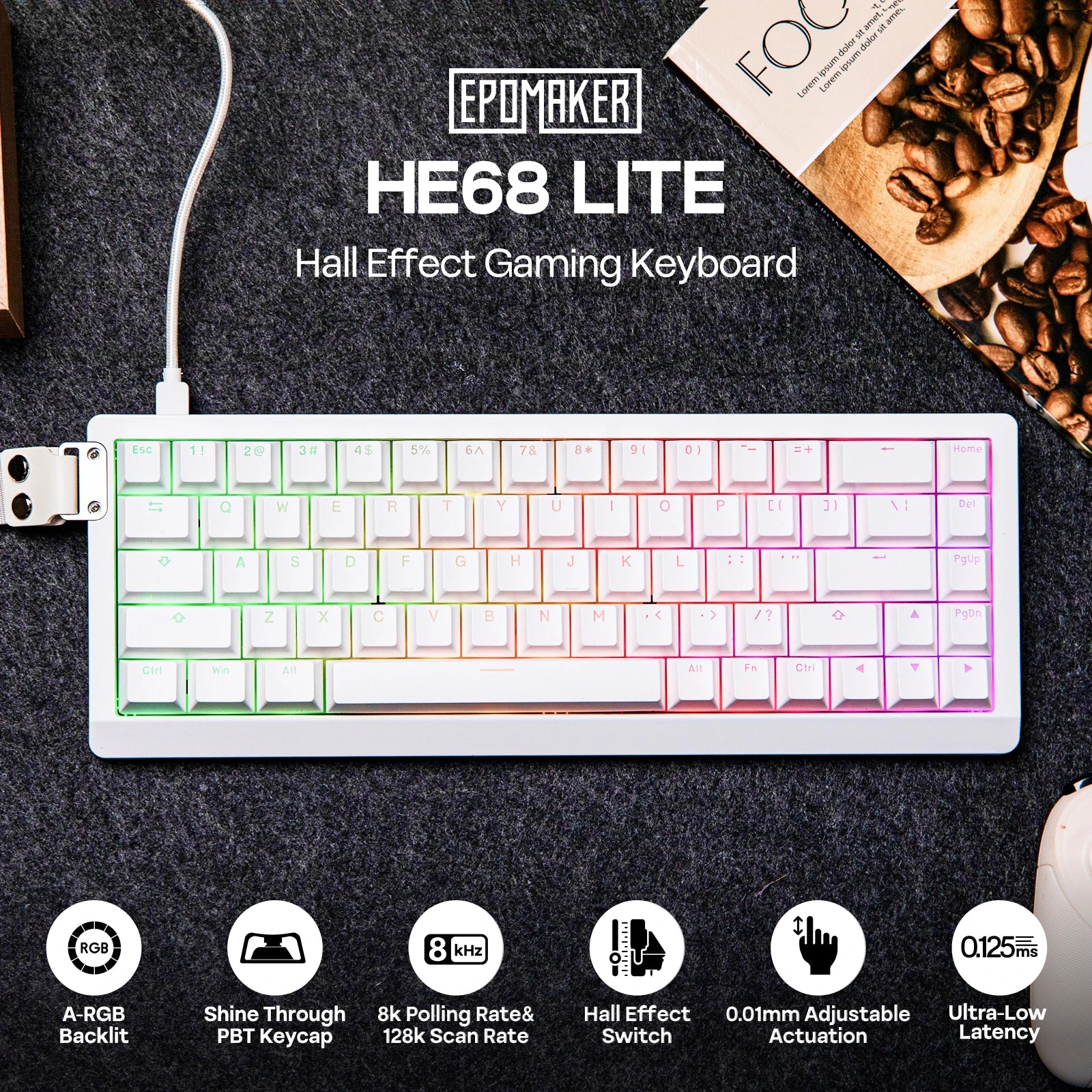 EPOMAKER HE68 Lite 65% ANSI US Layout Tray-Mounted Wired Hall Effect Magnetic Mechanical Keyboard DKS SOCD RGB Backlight