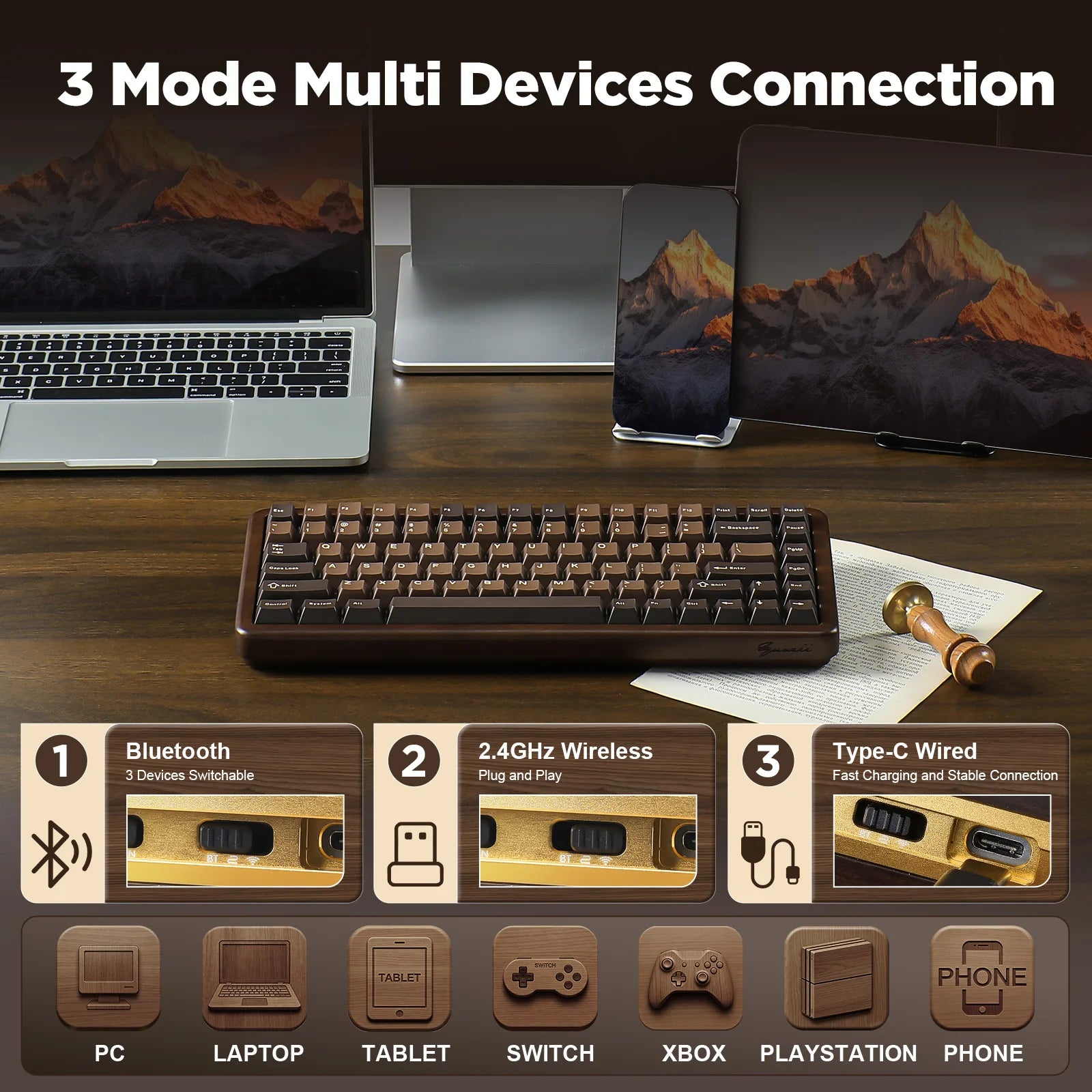 YUNZII WOOD84 Wireless Mechanical Keyboard, 75% Walnut RGB Backlit Wooden Keyboard, Tray Mount Hot-swap PBT Keycaps for Mac/Win