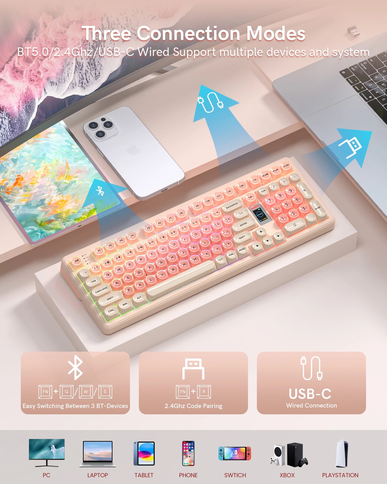 WK98 98% Pink Foundation Keyboard Gaming Mechanical Keyboard 3 Mode with Multimedia Screen RGB Backlit for Win/Mac,Pink