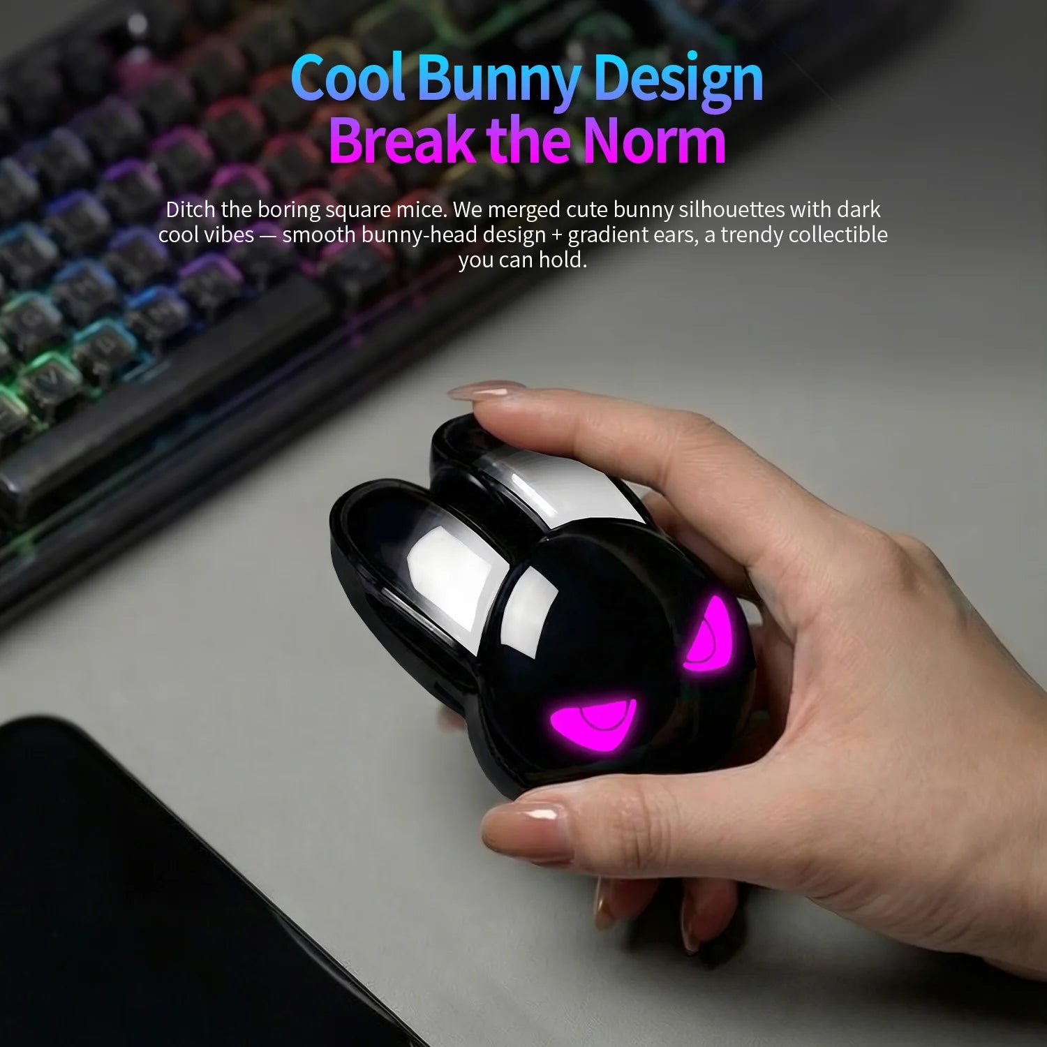 MOFii Rabbit Dual-Mode Wireless Rechargeable Mouse, Gradient Black Bunny Ears, RGB Silent Click Mouse for Office & Gaming