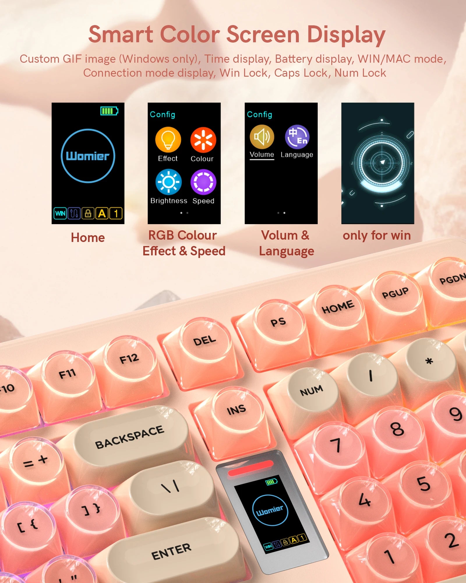 WK98 98% Pink Foundation Keyboard Gaming Mechanical Keyboard 3 Mode with Multimedia Screen RGB Backlit for Win/Mac,Pink