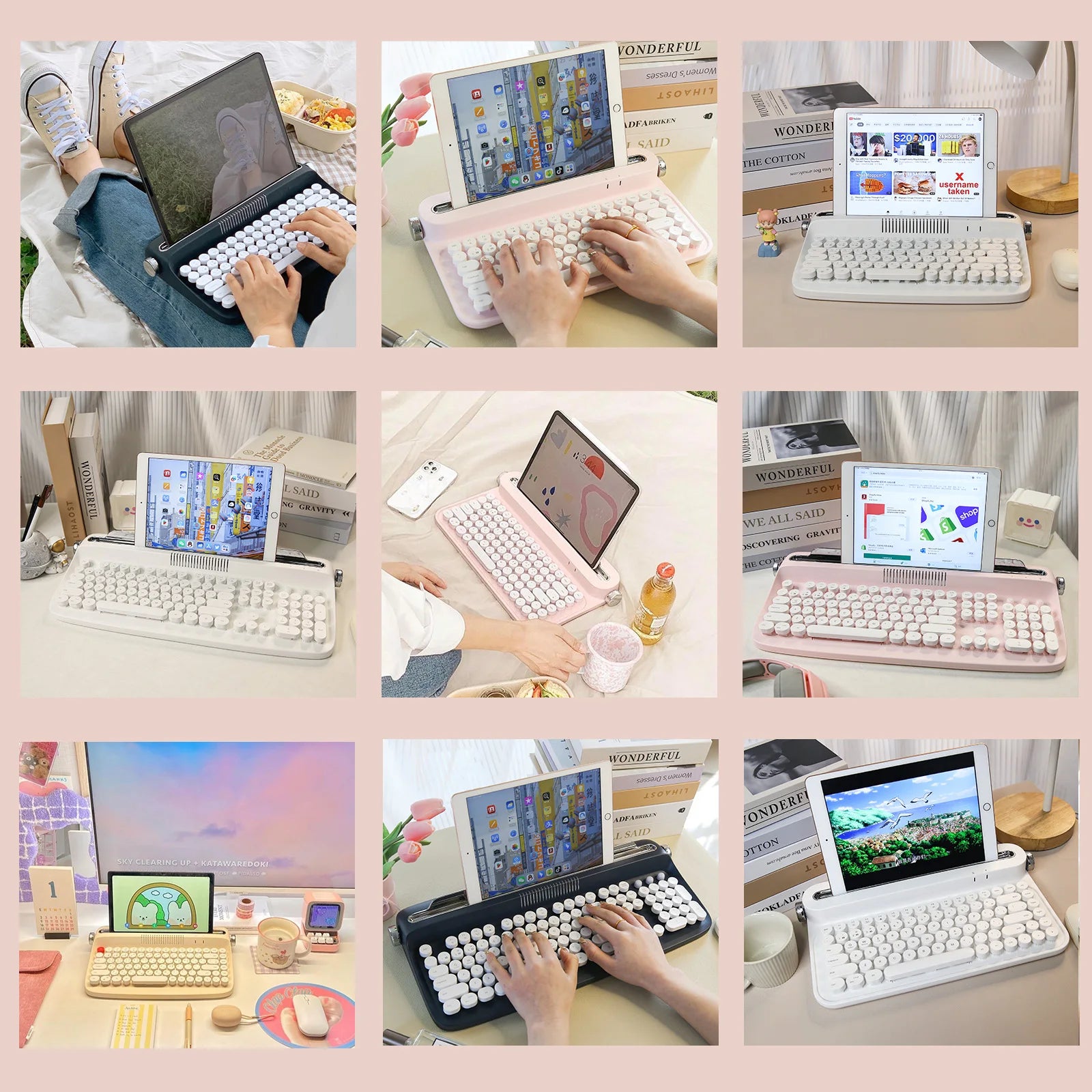 YUNZII B303 Pink Wireless Typewriter Keyboard, Retro Bluetooth Aesthetic Membrane Keyboard with Adjusted Stand for Multi-Device